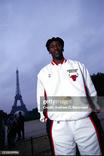 Michael Jordan of the Chicago Bulls poses for a portrait as part of the 1997 McDonald's Championships at the Eiffel Tower on October 16, 1997 in...