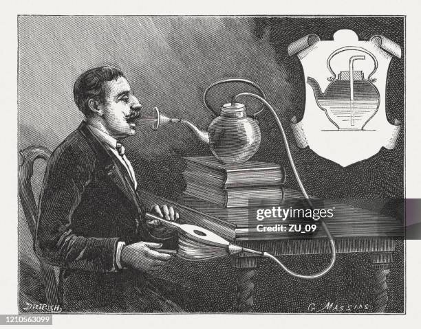 historic inhalation device for self-use, wood engraving, published in 1895 - bellows stock illustrations