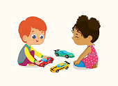 Illustration of Cute Boy and Girl Playing with Their Toys Cars. Red hair boy shows and shares his Toy Cars to His African-American Friend