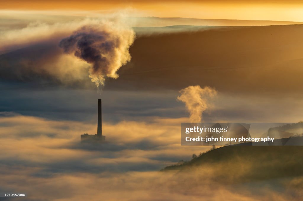 Pollution at sunrise, Castleton, Derbyshire, Peak District. UK