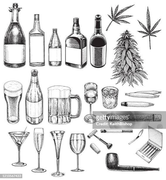 social issues, vices, bad habits, smoking, drinking, recreational drugs - marijuana joint stock illustrations