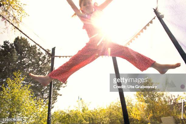 In this photo illustration a girl is jumping on a trampoline on April 15, 2020 in Bonn, Germany.