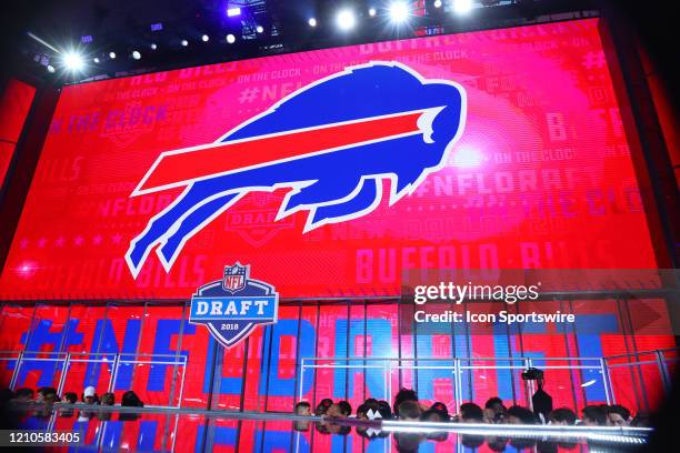 The Buffalo Bills logo on the video board during the first round at the 2018 NFL Draft at AT&T Statium on April 26, 2018 at AT&T Stadium in Arlington...