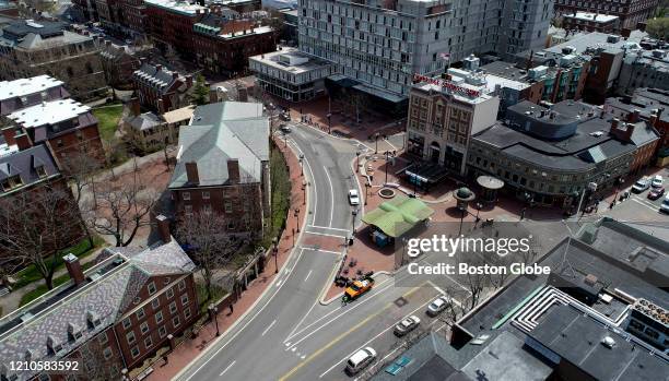An aerial view of the Harvard Square MBTA Station and Cambridge Savings Bank in Cambridge, MA on April 16, 2020.