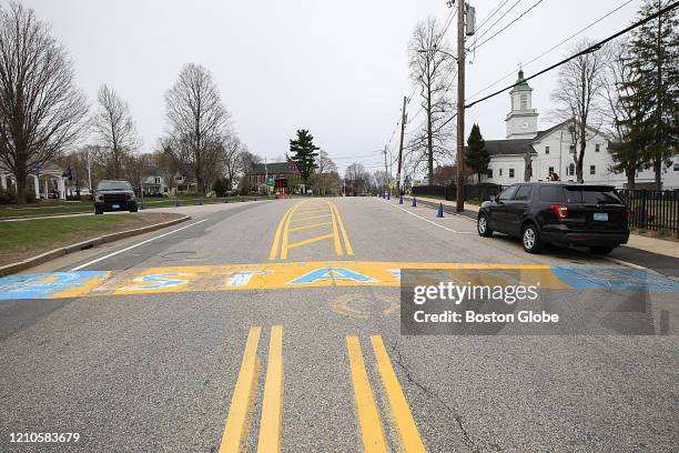 The empty starting line of the Boston Marathon in Hopkinton, MA on April 20, 2020. The Boston Marathon was postponed due to the coronavirus pandemic....