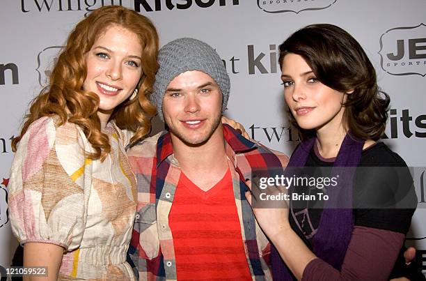 Actors Rachelle Lefevre, Kellan Lutz, and Ashley Greene pose at Kitson Hosts Special "Twilight" DVD Release Party on March 21, 2009 at Kitson on...