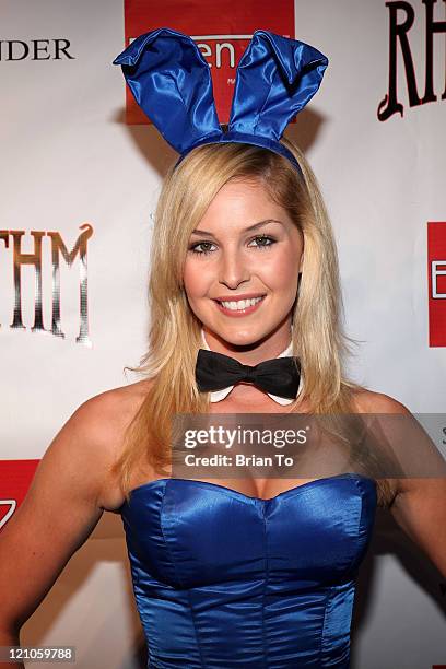 Playboy bunny model Michelle McLaughlin poses at "Stars & Stripes: An Evening of Sexy Patriotism" - Wounded Warrior Project at The Playboy Mansion on...