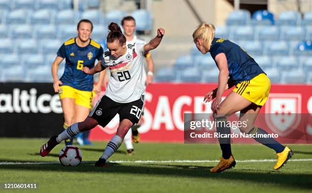 Lina Magull of Germany Women battles for the ball with Jonna Andersson of Sweden Women during the Germany v Sweden, Algarve Cup match at Algarve...