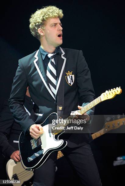 Guitarist Nicholaus Arson of the Swedish rock band The Hives performs live at the Bank Atlantic Center on October 20, 2007 in Sunrise, Florida.