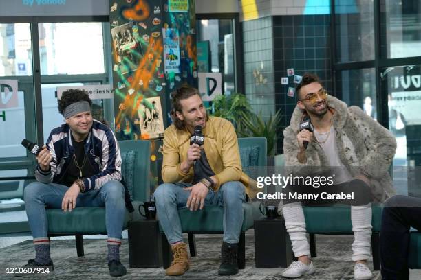 Zambricki Li, Austin Bisnow and Zang of the band Magic Giant attend Build Series to discuss the release of their new song "Disaster Party" at Build...