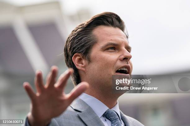 Rep. Matt Gaetz speaks to reporters outside the West Wing of the White House following a meeting with U.S. President Donald Trump on April 21, 2020...