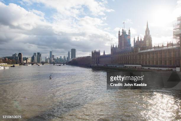 General view looking from Westminster Bridge towards the Houses of Parliament, Lambeth Bridge and residential buildings in Lambeth and Vauxhall on...