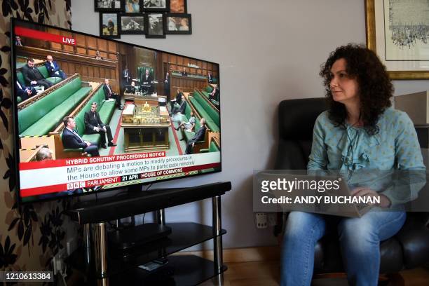Liberal Democrat MP for North East Fife, Wendy Chamberlain participates in a remote session of the House of Commons in Westminster, London, from her...