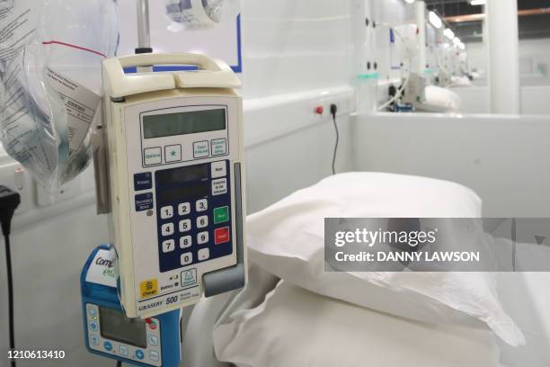 Beds and medical emquipment are seen on a ward at the NHS Nightingale temporary hospital at the convention centre in Harrogate, northern England on...