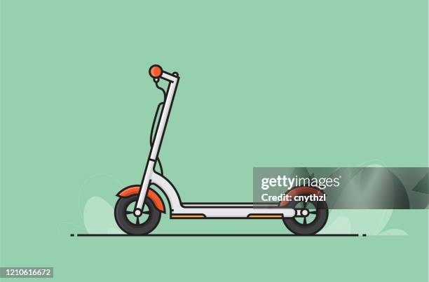 illustrazioni stock, clip art, cartoni animati e icone di tendenza di concetto di scooter elettrico. simbolo tratto modificabile - veicolo elettrico automobile con biodiesel