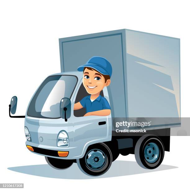 bildbanksillustrationer, clip art samt tecknat material och ikoner med leveransbil med förare - small truck