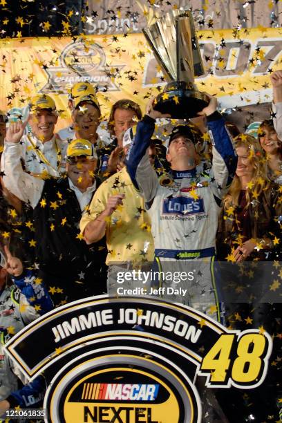 Nascar Champion Jimmie Johnson celebrates winning his second consecutive Nextel Cup championship at the Homestead Miami Speedway on November,18 2007...