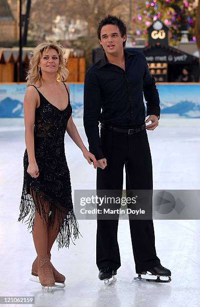 Singer Gareth Gates and an unidentified guest take part in the Dancing on Ice Press launch in the National History Museum on January 7, 2008 in...