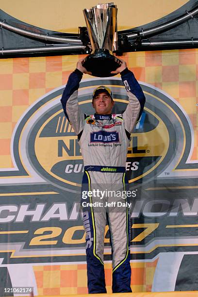 Nascar Champion Jimmie Johnson celebrates winning his second consecutive Nextel Cup championship at the Homestead Miami Speedway on November,18 2007...