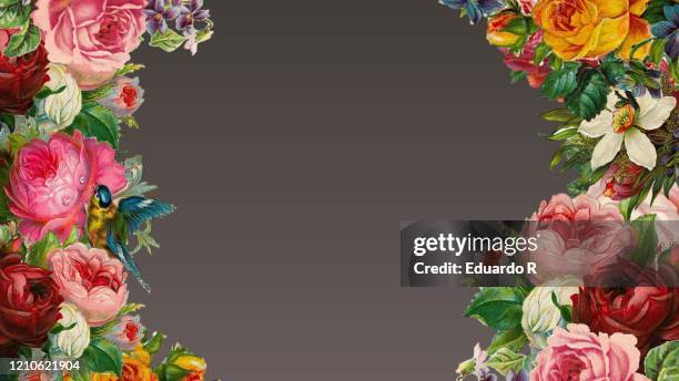 illustration with dark gradient background with balloons and champagne glasses for celebration - border flower garden stock pictures, royalty-free photos & images