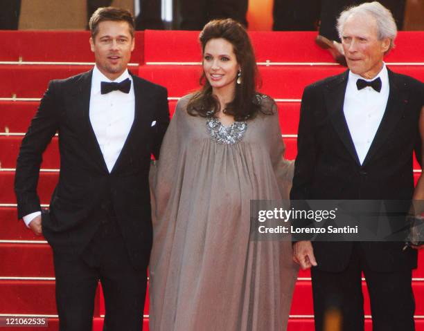 Actors Brad Pitt, Angelina Jolie and director Clint Eastwood and his wife Dina Eastwood attend premiere of The Changeling at the 61st Cannes...