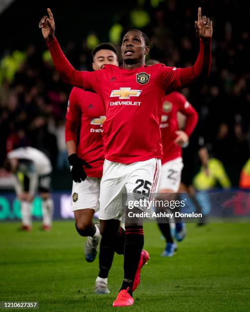 Odion Ighalo of Manchester United celebrates scoring their second goal during the FA Cup Fifth Round match between Derby County and Manchester United...