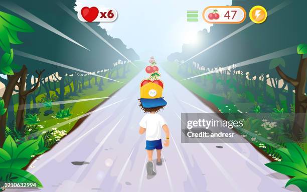 young man grabbing prices while running - video game illustration - gaming competition stock illustrations