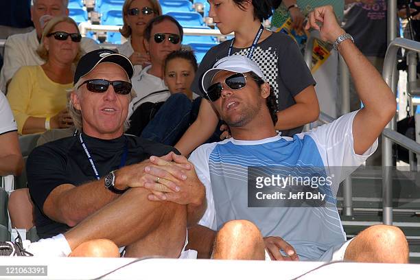 Golfer Greg Norman and tennis star Mark Philippoussis attend the Chris Evert/Raymond James Pro-Celebrity Tennis Classic at the Delray Beach Tennis...