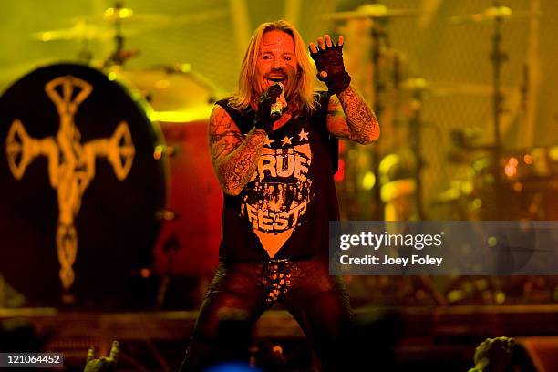 Lead singer Vince Neil of the rock band Motley Crue performs live during Crue Fest 2008 at the Verizon Wireless Music Center on July 18, 2008 in...