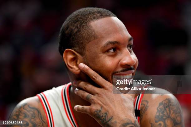 Carmelo Anthony of the Portland Trail Blazers is all smiles during the second half of the game against the Washington Wizards at the Moda Center on...