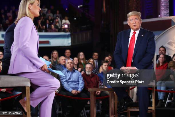 President Donald Trump participates in a Fox News Town Hall event with moderators Bret Baier and Martha MacCallum on March 05, 2020 in Scranton,...