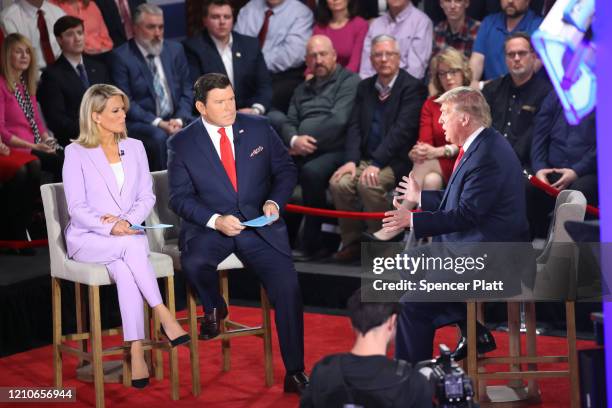 President Donald Trump participates in a Fox News Town Hall event with moderators Bret Baier and Martha MacCallum on March 05, 2020 in Scranton,...