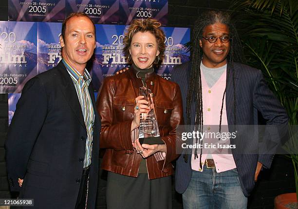 Michael Keaton, Annette Bening and Elvis Mitchell during 20th Annual Santa Barbara International Film Festival - Montecito Award Tribute to Annette...