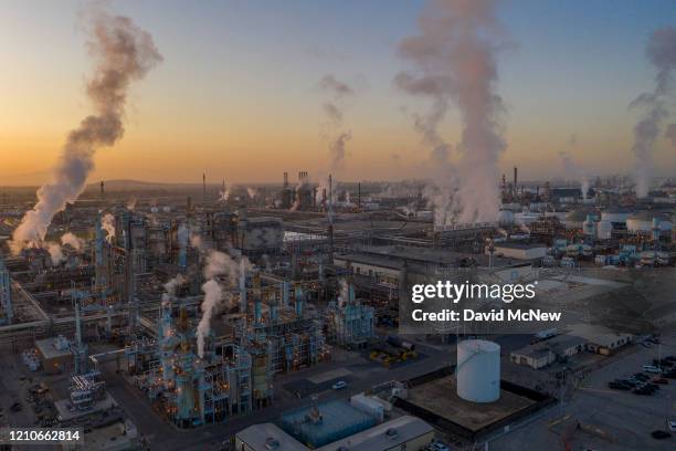 An aerial view shows Marathon Petroleum Corp's Los Angeles Refinery, the state's largest producer of gasoline, as oil prices have cratered with the...