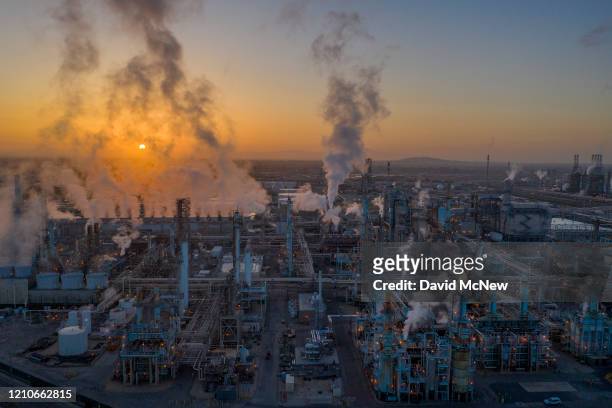 An aerial view shows Marathon Petroleum Corp's Los Angeles Refinery, the state's largest producer of gasoline, as oil prices have cratered with the...