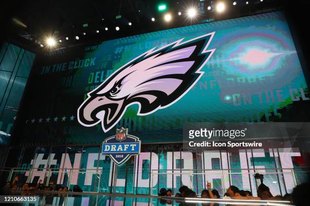 The Philadelphia Eagles logo on the video board during the first round at the 2018 NFL Draft at AT&T Stadium on April 26, 2018 at AT&T Stadium in...