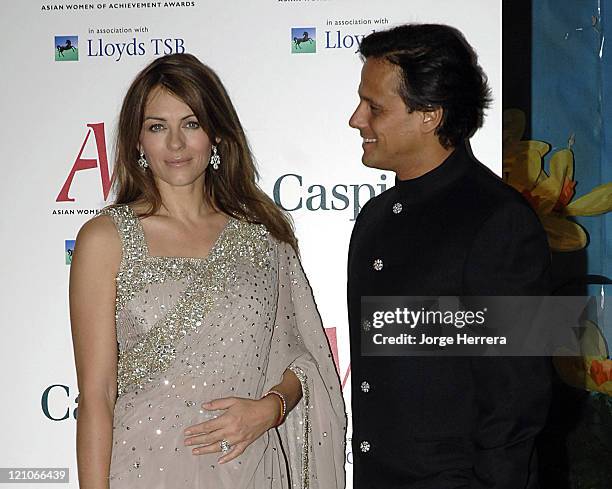 Elizabeth Hurley and Arun Nayer during The Asian Women of Achievement Awards  Arrivals at London Hilton on Park Lane in London, Great Britain.