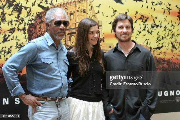 Morgan Freeman, Katie Holmes and Christian Bale during "Batman Begins" Rome Photocall at Hotel St.Regis in Rome, Italy.