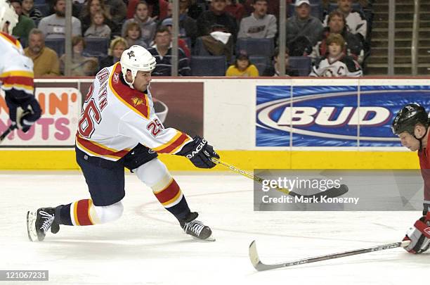 Florida Panthers defenseman Mike Van Ryn shoots the puck in a game against the Buffalo Sabres at HSBC Arena in Buffalo, New York on February 11,...