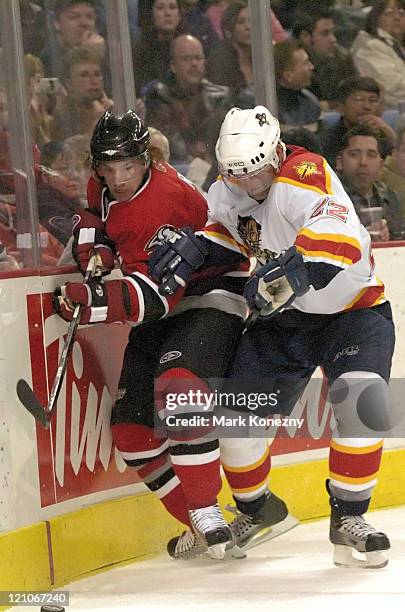 Buffalo Sabres center Derek Roy and Florida Panthers defenseman Sean Hill battle for the puck against the boards during a game at HSBC Arena in...