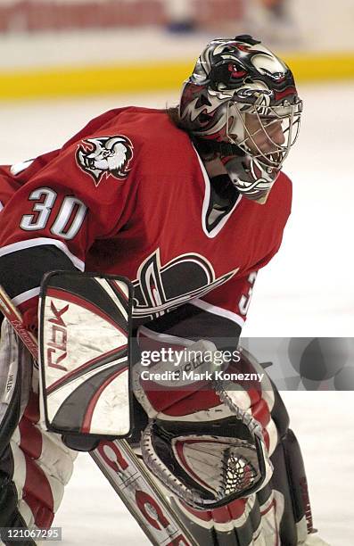 Buffalo Sabres goalie Ryan Miller guards the goal during a game against the Florida Panthers at HSBC Arena in Buffalo, New York on February 11, 2006....