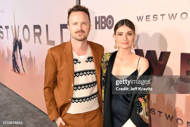 Aaron Paul and Lauren Parsekian attend the Los Angeles Season 3 premiere of the HBO drama series "Westworld" at TCL Chinese Theatre on March 05, 2020...