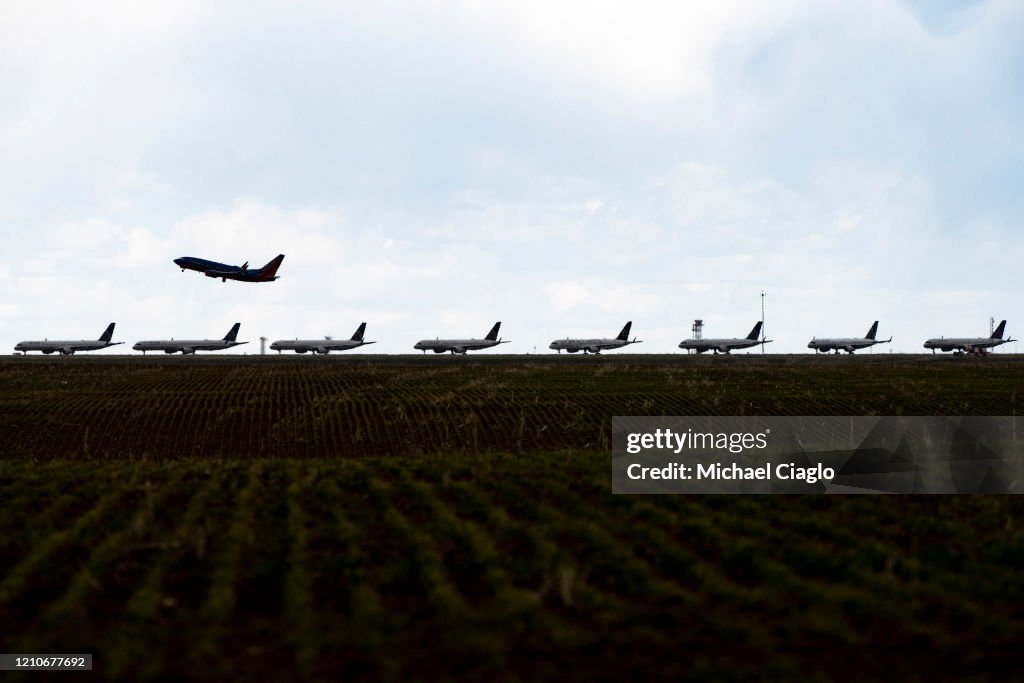 United Planes Sit Parked At Denver International Airport, As The Coronavirus Pandemic Severely Halts Airline Travel