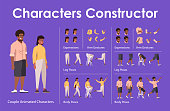 Dark skin man, woman front view animated flat vector characters design set. Ð¡haracter animation creation cartoon pack. Couple constructor with various face emotion, body poses, hand gestures, legs kit
