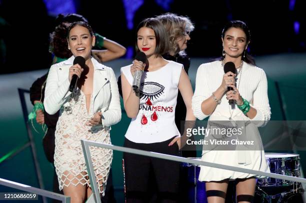 Danna Paola, Ángela Aguilar, and Aislinn Derbez speak onstage during the 2020 Spotify Awards at the Auditorio Nacional on March 05, 2020 in Mexico...