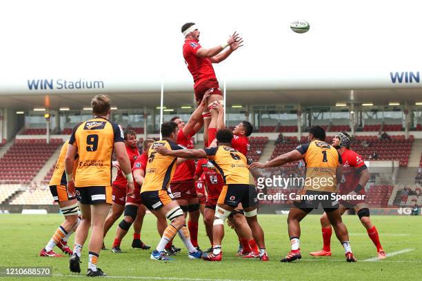 Mike Stolberg of the Sunwolves takes a lineout ball during the round six Super Rugby match between the Sunwolves and the Brumbies at WIN Stadium on...