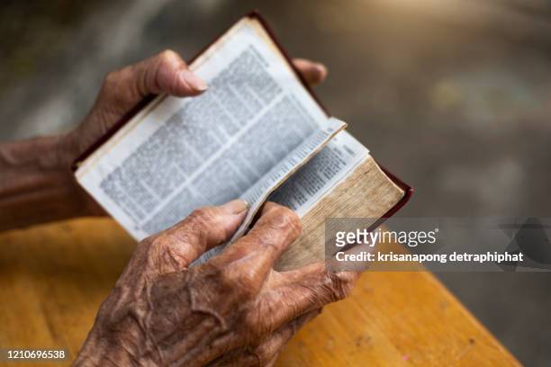 old man reading her bible while sitting outside - man reliable learning stock pictures, royalty-free photos & images