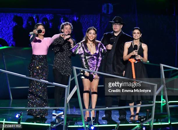 Ángela Aguilar, Luisito Comunica, Danna Paola, Franco Escamilla, and Aislinn Derbez speak onstage during the 2020 Spotify Awards at the Auditorio...
