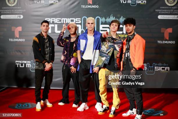 Erick Brian Colon, Richard Camacho, Zabdiel De Jesús, Christopher Vélez and Joel Pimentel of CNCO arrive to Premio Tu Musica Urbano at Coliseo Jose...