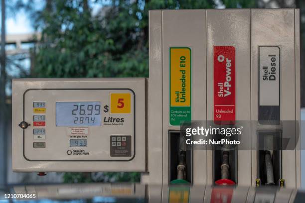 Fuel prices on lower side are displayed at a Shell petrol station in Sydney, Australia on Thursday, April 23, 2020. Low demand for fuel due to the...